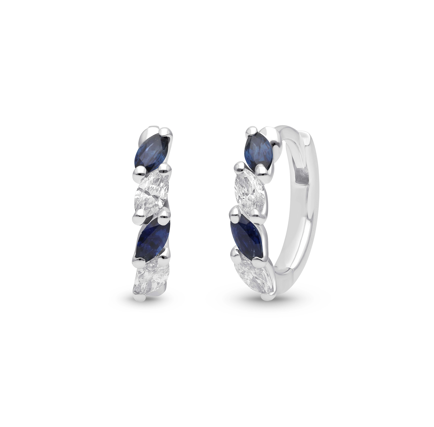 Alternating Marquise Diamond and Blue Sapphire Hoop Earrings in White Gold